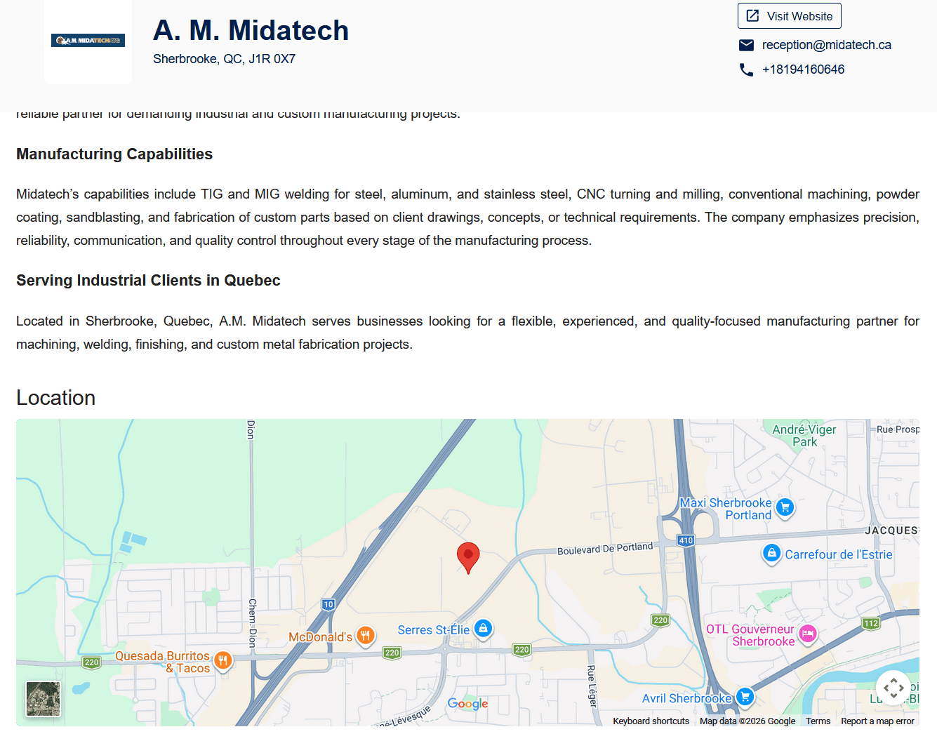 Public SupplyBoard supplier profile showing company overview, manufacturing capabilities, contact details, and location map