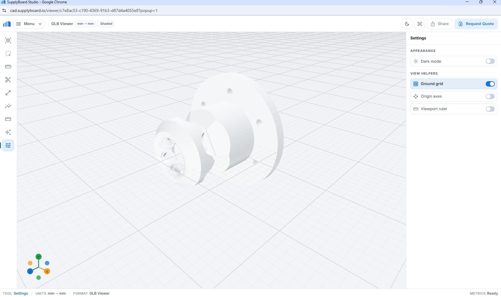 SupplyBoard Studio previewing a 3D CAD assembly in the browser with measurement and view tools